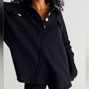 Free People beach Rowan black oversized pullover size M shacket fringe Henley